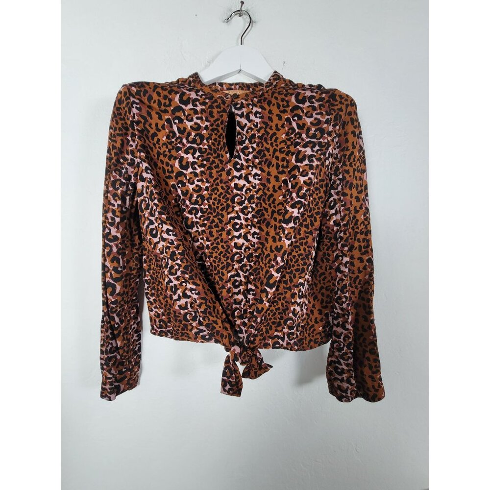 Scotch & Soda Womens Leopard Print Tie-Front Long Sleeve Blouse Top Medium Brown